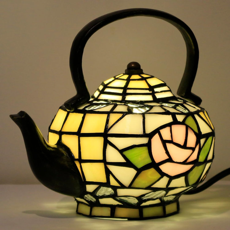 Amber Teapot Tiffany Style Stained Glass Accent Table Lamp