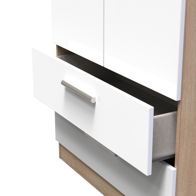 Fully Assembled Vanleer Contrast 2 Door Wardrobe, White Gloss Finish / Oak Wood Veneer