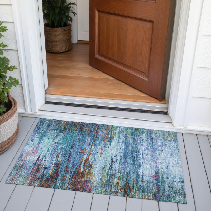 Machine Washable Indoor/Outdoor Xhevrie Blue Rug, Rectangle 1'8" x 2'6"