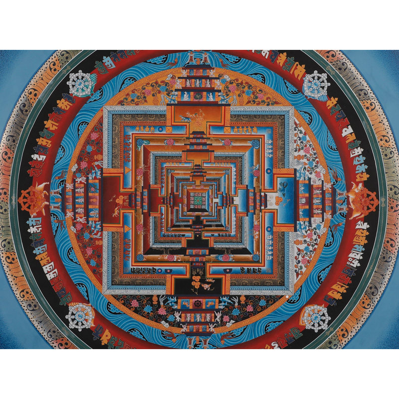 «Tibetan Wheel of Time» Kalachakra Mandala Thangka - art mural carré de 24 po peint à la main avec de véritables accents d'or 24 carats