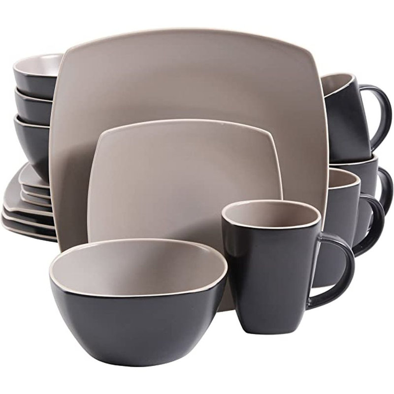 Ivy Bronx  Stoneware Dinnerware - Service for 4, Taupe/Black