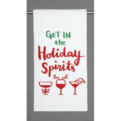 Get in the Holiday Spirits Waffle Weave Embroidered Cotton Tea Towel