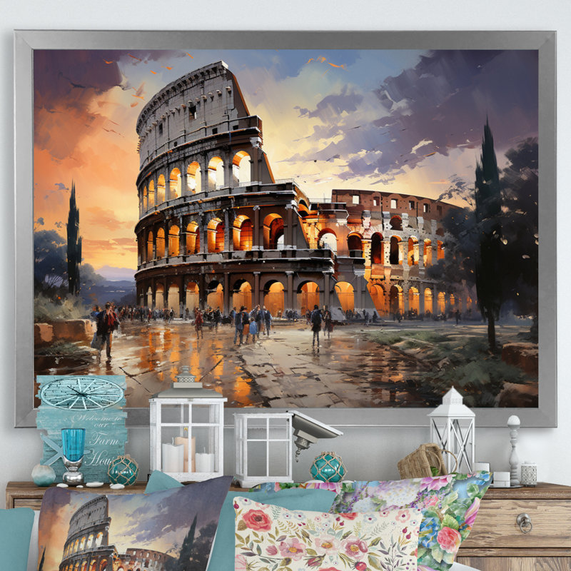 Beige, Italie, Colisée, Colosseo, sur toile, Cadre simple gris, H 12 po x l 20 po x P 1 po
