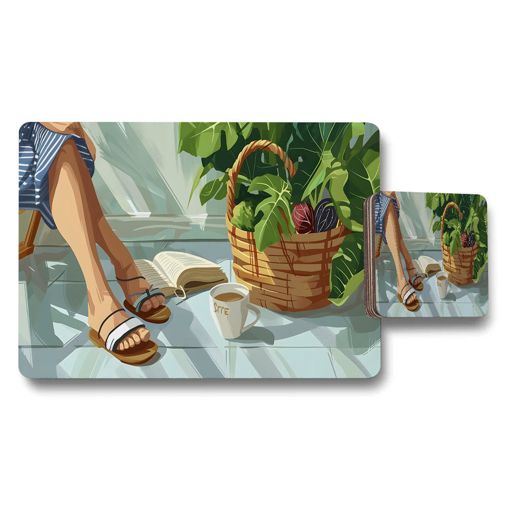 Relaxing Botanical Placemat And Coaster Set With Green Leaves