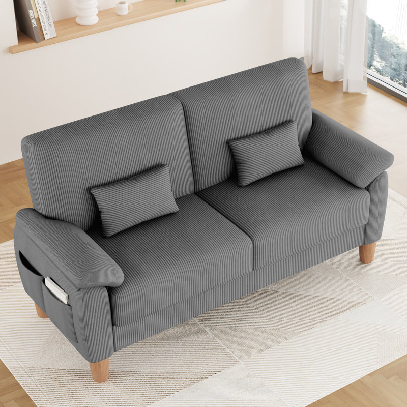 180cm corduroy 2-seater sofa with solid wood frame, spring seat cushion and two throw pillows, Grey