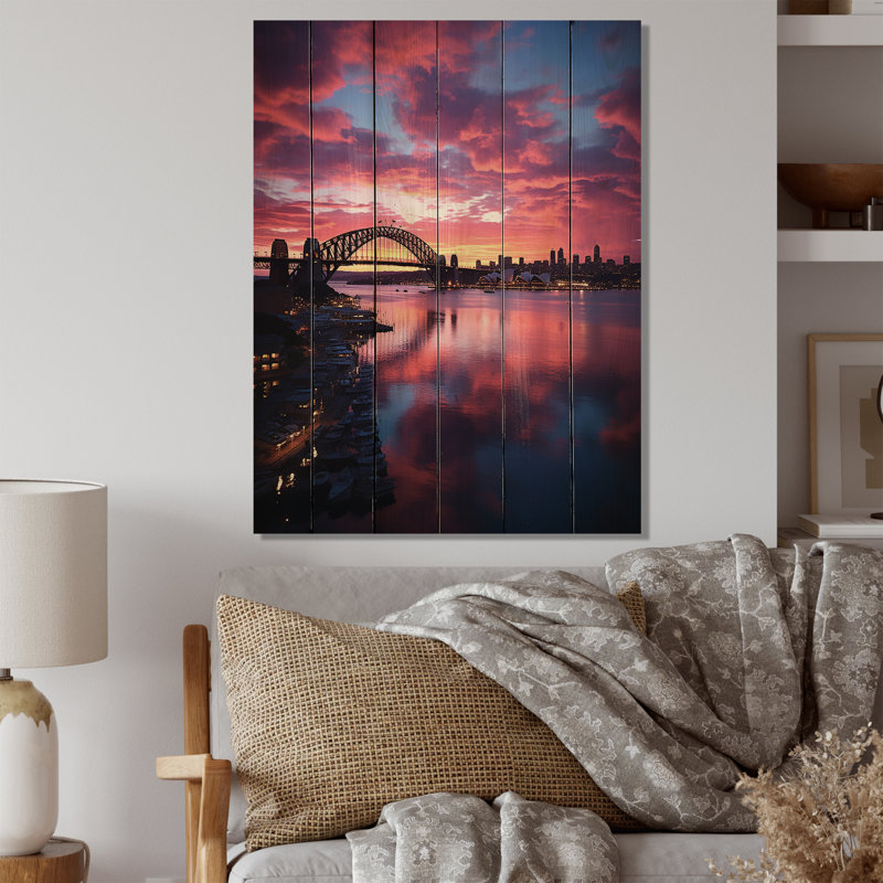 Australie, Sydney Harbour Sunrise - impression de paysages urbains sur bois de pin naturel, H 32 po x l 24 po x P 0,78 po