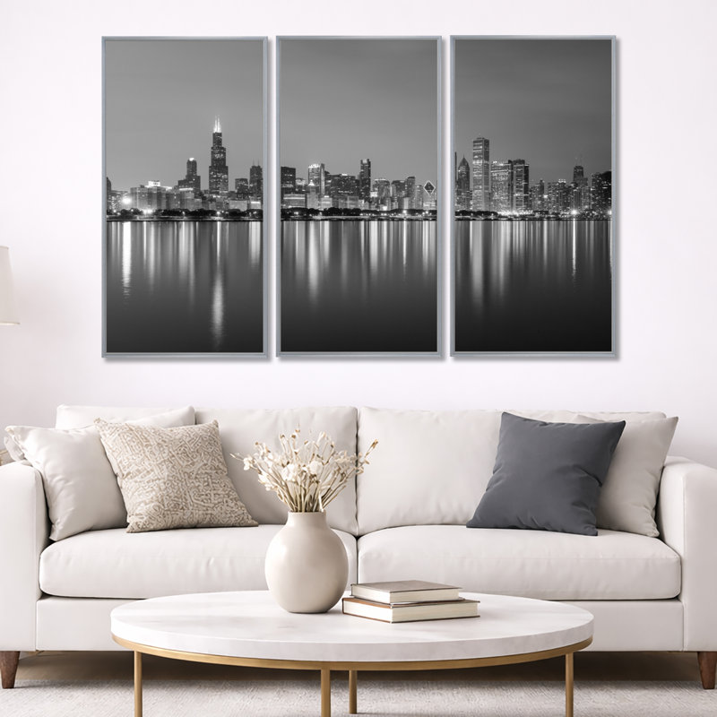 " Chicago Skyline At Night Black And White " 3 - Pieces, 40" H x 60" W, Silver