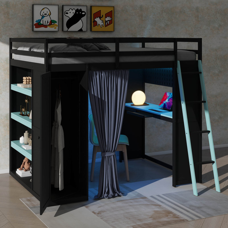 Lit mezzanine double avec garde-robe, tablettes, rideaux occultants et éclairage RVB, Noir / Bleu