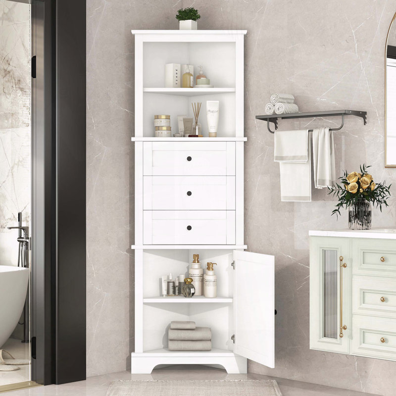 White Triangle Tall Cabinet with 3 Drawers and Adjustable Shelf, White