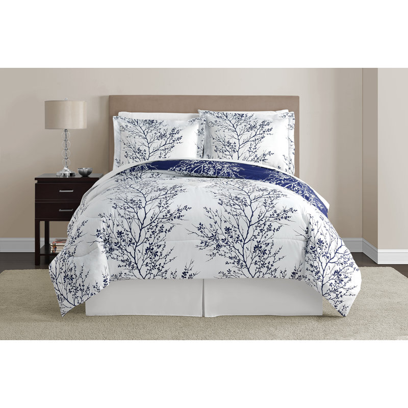 Leaf 8-Piece Reversible Bed-in-a-Bag Comforter Set, Blue/Chocolate, Queen Comforter + 7 Additional Pieces