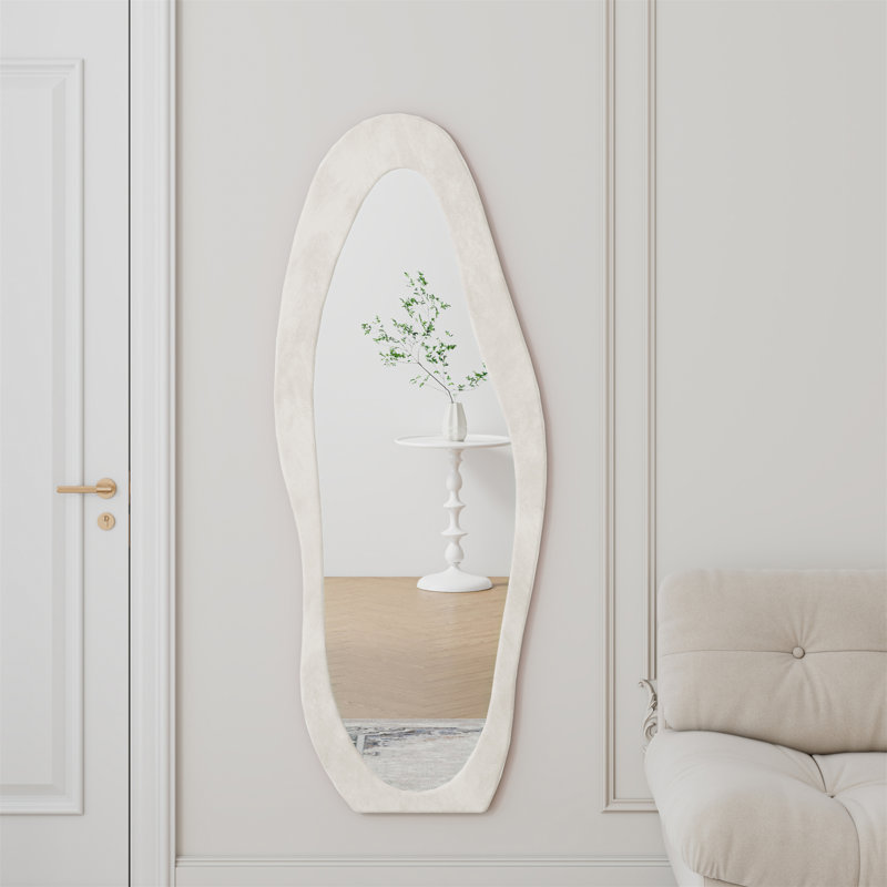 Full Length Mirror, 63" X 24" Floor Mirror/ Wall Mirror, Flannel Wrapped Wooden Frame Floor Mirror,Irregular Wavy Mirror Standing/Halling Large Wall Mirror For Bedroom,Living Room, Dressing Room White