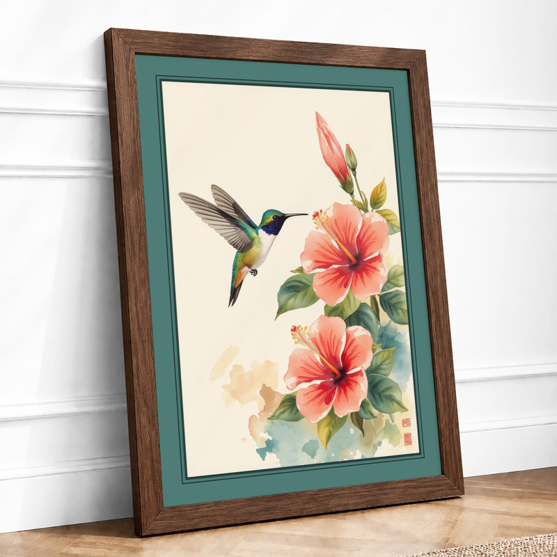 Hummingbird and Coral Blooms Botanical - Framed Print, A4 - 29.7 x 21.0 cm, Walnut