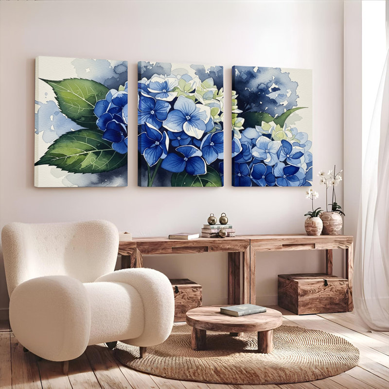 «Blue Hydrangea», reproduction de peinture à l'huile sur toile, ensemble de 3, H 30 po x l 60 po