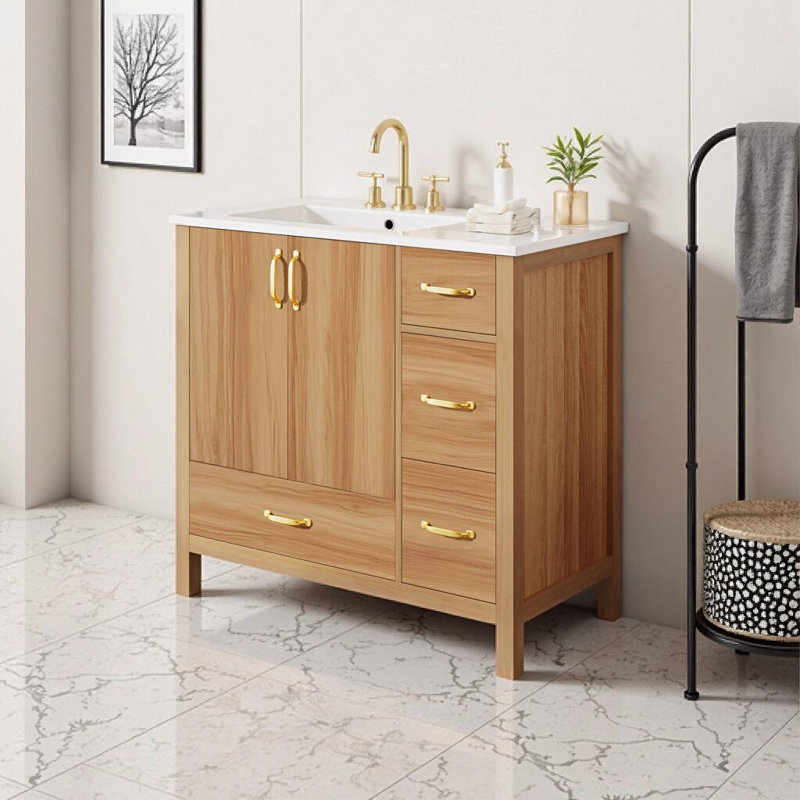 Meuble-lavabo de 36 po en bois d'acacia avec portes et tiroirs à fermeture en douceur, structure en bois massif, tablette réglable, armoire de rangement moderne avec poignées dorées