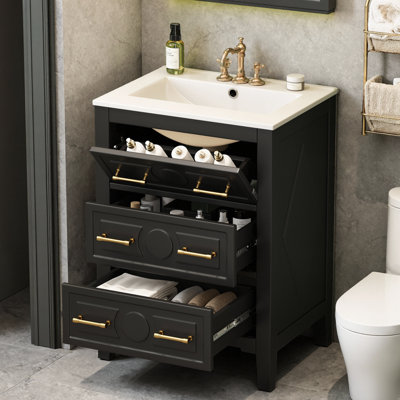 24" Bathroom Vanity with Ceramic Sink – Freestanding Single Vanity Set with 3 Drawers, Solid Wood Frame – Retro Finish, Pre-Drilled for 4" Faucet – Space-Saving Storage Cabinet for Small Bathrooms