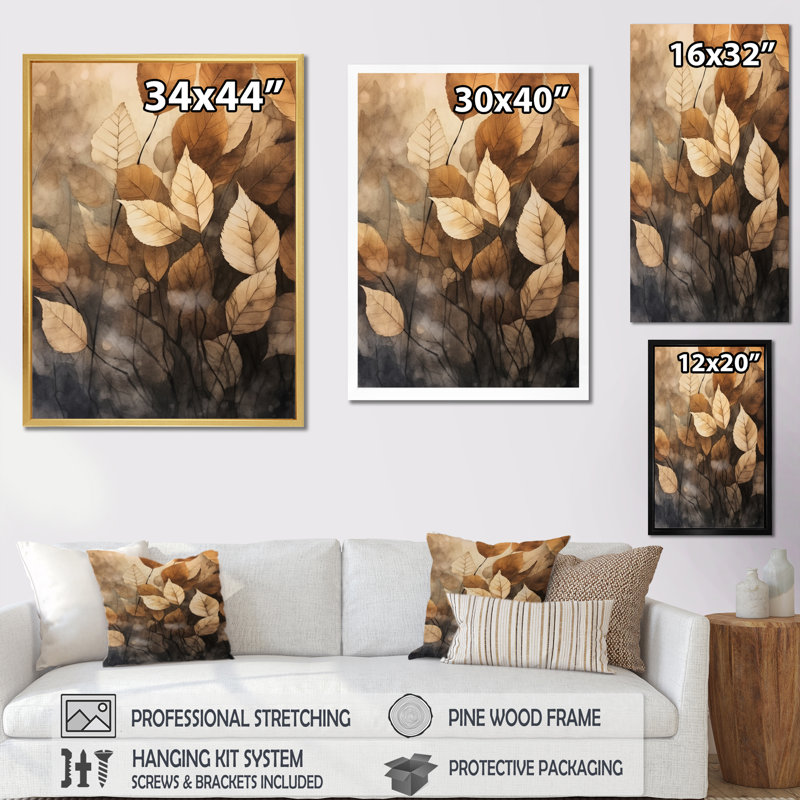 «Brown Beige Leafs Harmony V», reproduction sur toile, Cadre flottant doré, H 32 po x l 16 po x P 1 po