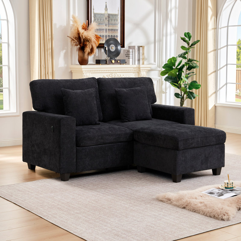 Canapé d'angle modulaire en forme de L avec pouf, Noir