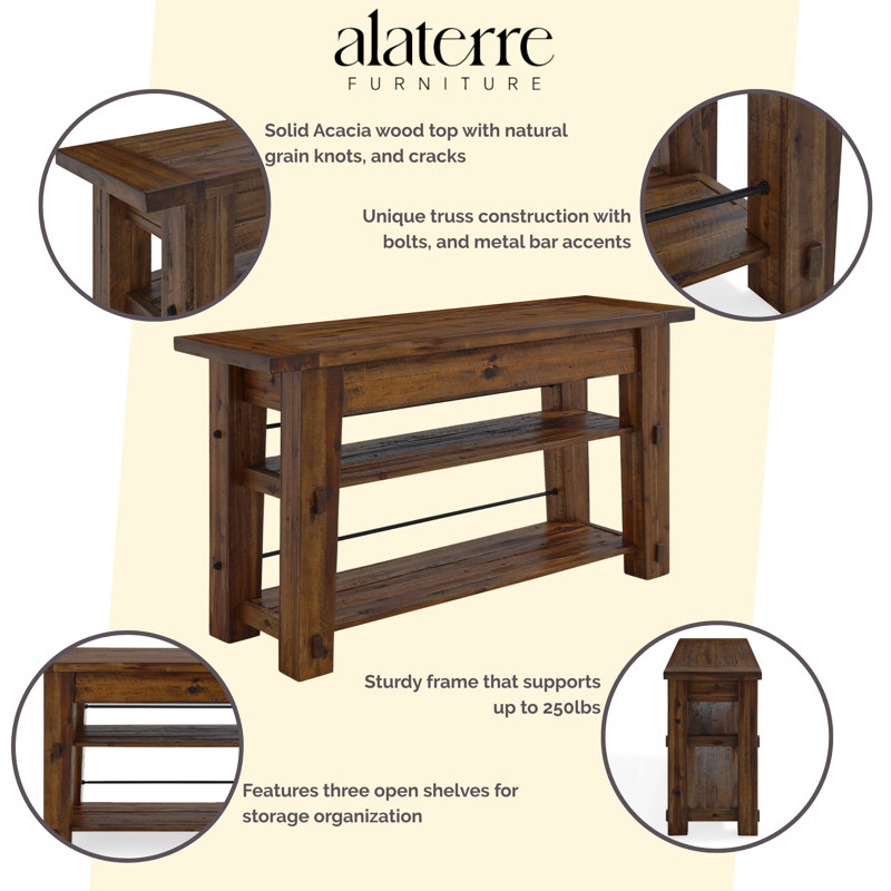 Nastya 54" Wide Industrial Rustic Solid Wood Metal Rectangular Console Media Table With 2 Shelves