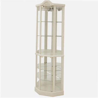 Vitrine d'angle vitrée avec vitrine d'angle lumineuse, vitrine avec lumière (incluse), bar à vin, armoire à vin avec tablettes réglables en verre, décoration sculptée BLANC, lumière (incluse)