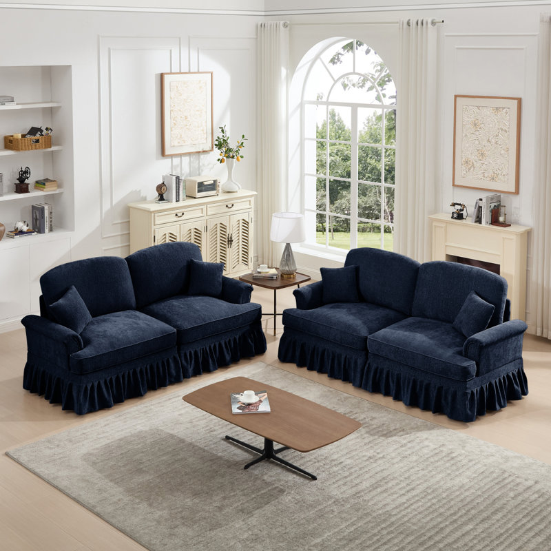 Ensemble de canapé de salon modulaire classique 2 pièces avec accoudoirs évasés et volants amovibles, jupes plissées et pieds fuselés, canapé 2 places + ensemble de canapé causeuse 2 places pour le salon, bleu