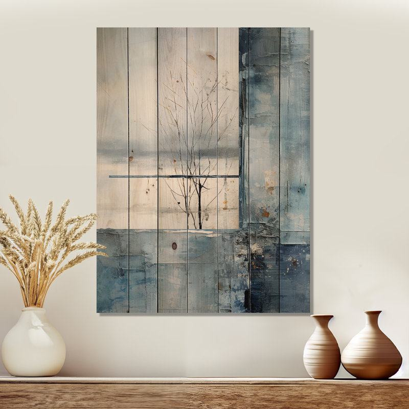 «White and Blue Winter Forest Collage IV», paysage d'hiver sur bois, H 20 po x l 10 po