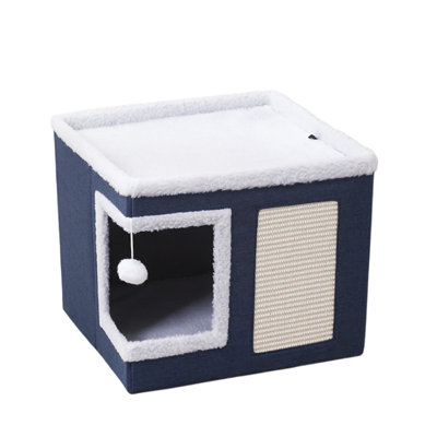 Foldable Cat Condo with Scratching Pad, Cozy Indoor Cat Hideaway House with Soft Cushion Top
