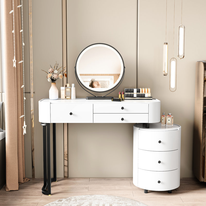 Table de coiffeuse moderne minimaliste avec miroir à DEL et armoire de rangement rotative, bureau de maquillage blanc avec tiroirs