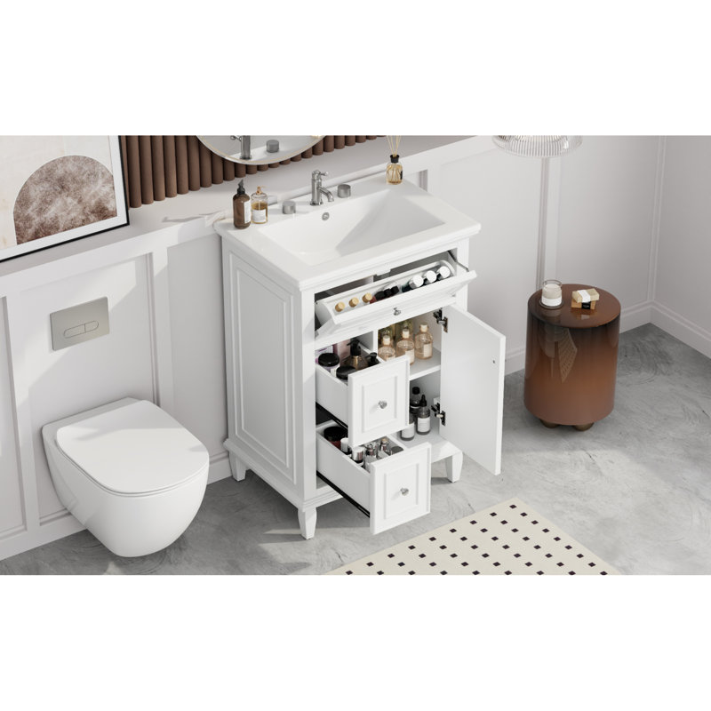 Meuble-lavabo blanc compact avec évier, bois massif et panneau de fibres à densité moyenne, design moderne