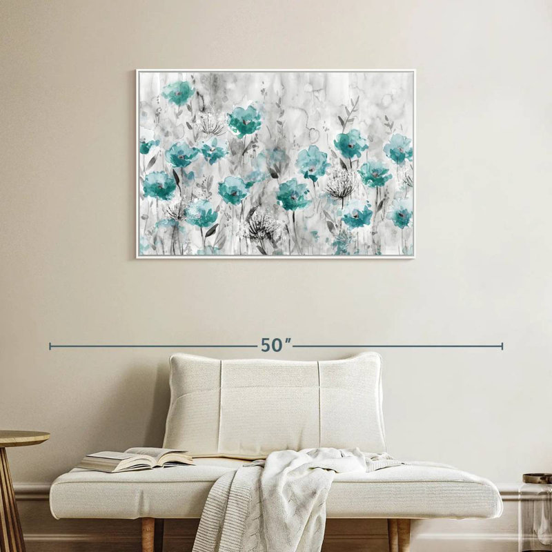Teal Poppy Garden, Floating Frame White, 37" X 25"