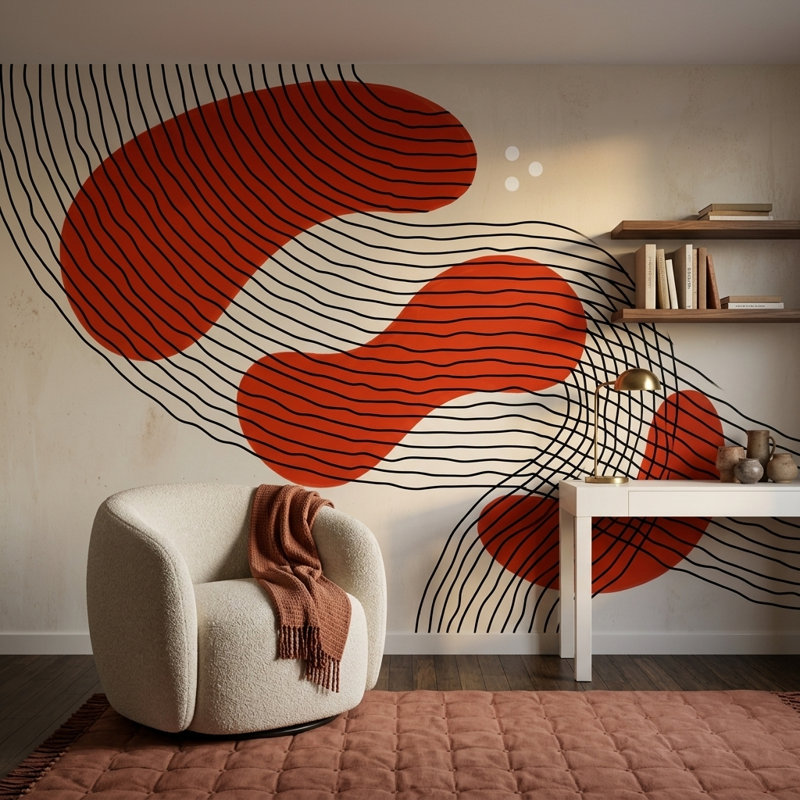 Papier peint moderne de style Mid-Century sur fond blanc, Texturé non collé, 140 po x 108 po