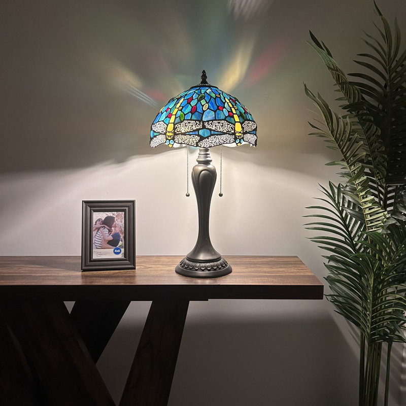 Vella Tiffany Table Lamp Green Blue Stained Glass Dragonfly LED Bulbs Included 22'H*12"W