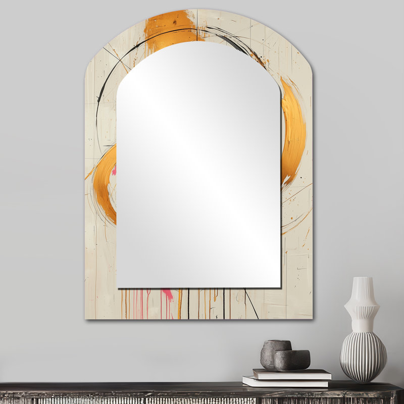 Abstrait cercles abstraits dans des tons de rose et d'or III - formes abstraites grand miroir mural asymétrique, miroir décoratif arche rose, impression sur métal