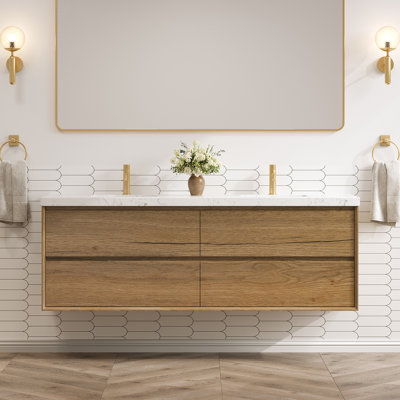 Wall-Mounted Bath Vanity With Engineered Marble Top