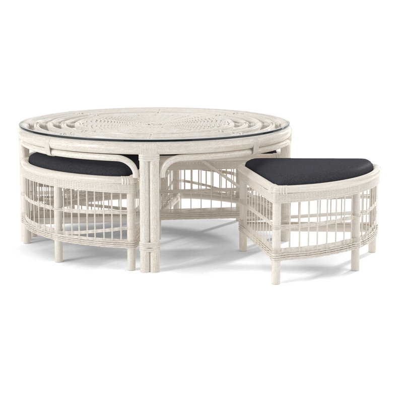 Raffles Rattan Cocktail Table with Benches, Antique Frost White, Eggshell Crypton Performance; 0884-93
