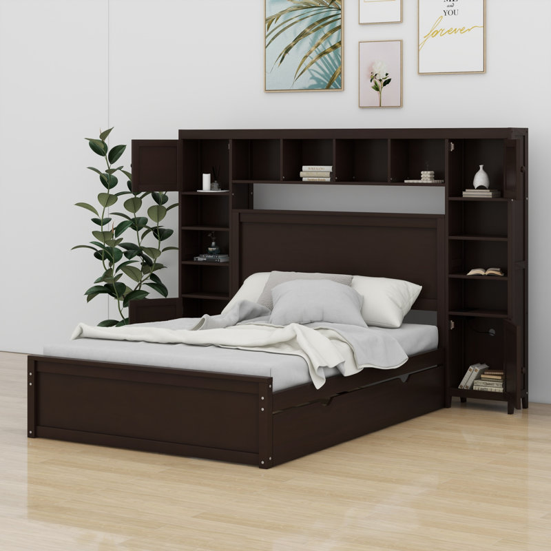 Lit en bois avec armoire tout-en-un, tablette et prises, lit gigogne, Espresso