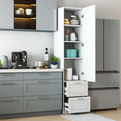 Grand garde-manger autoportant avec tablettes réglables et tiroirs pour la cuisine, la salle à manger ou l'espace de vie.