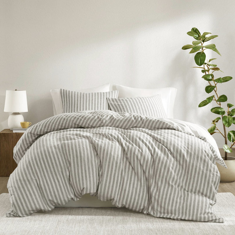 Housse de couette 3 pièces pour grand lit en gris, matériau en rayonne de coton et lin, sensation douce et respirante, confort toutes saisons, mélange de cravates naturelles, touche confortable, motif à rayures classique, utilisation à l'année