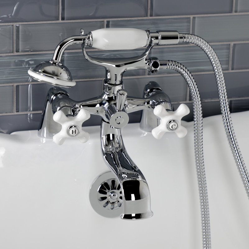 Kingston Brass Kingston Three-Handle 2-Hole Deck Mount Clawfoot Tub Faucet with Hand Shower, Polished Chrome
