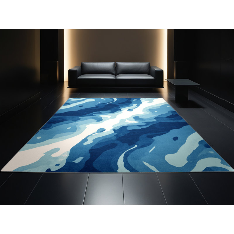 Tapis bleu moderne et contemporain lavable à la machine Osiyo, Rond 5 pi
