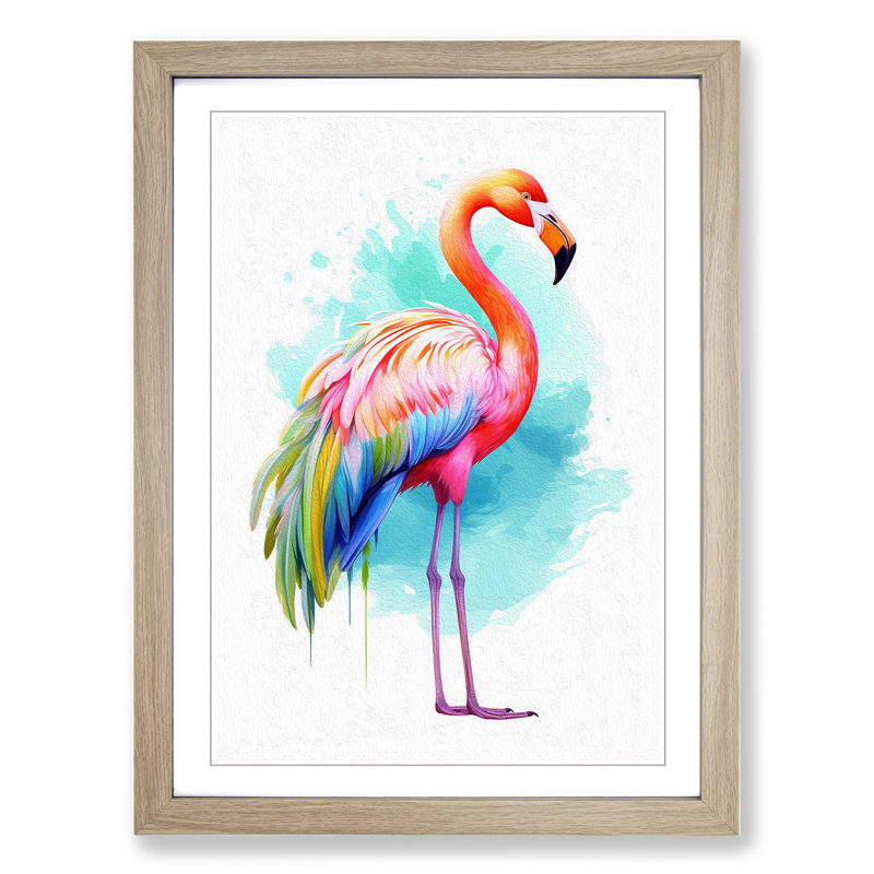 Flamingo Line No.4 Framed Print, 64cm H x 46cm W x 2cm D, Oak