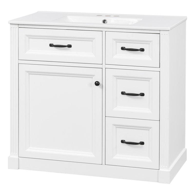 36" Freestanding Bathroom Storage With Sink, cabinet With 4 Drawers , Soft-close Door, Ceramic Sink and Adjustable Shelf