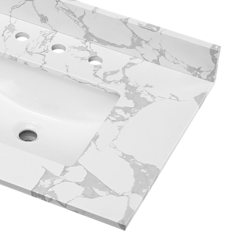 31" W Quartz Stone Vanity Top With Rectangular Undermount Sink And 4" Backsplash