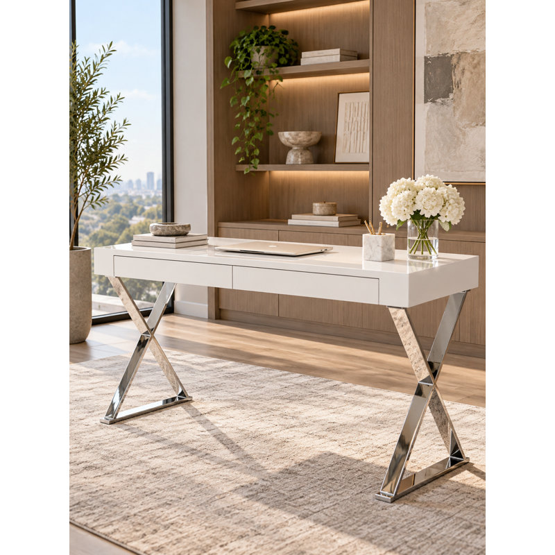 Alexa Contemporary White Lacquer Writing Desk with Polished Steel/Metal X-Base and 2 Drawers, White/Silver