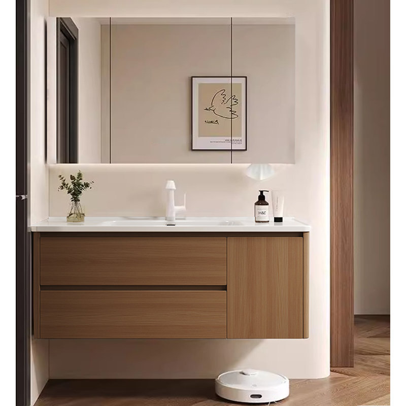 Meuble-lavabo de salle de bain Mid-Century en acier inoxydable au fini brun avec lavabo en céramique intégré