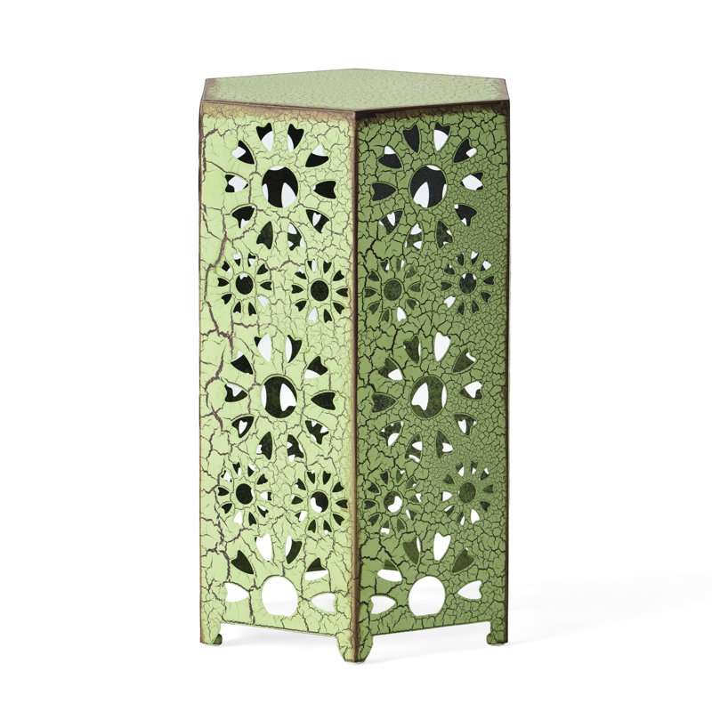 Stylish Crackle Iron Table For Patio Use - 13.84"D X 13.84"W 21.9"H, Cut Out Feature Side, Green