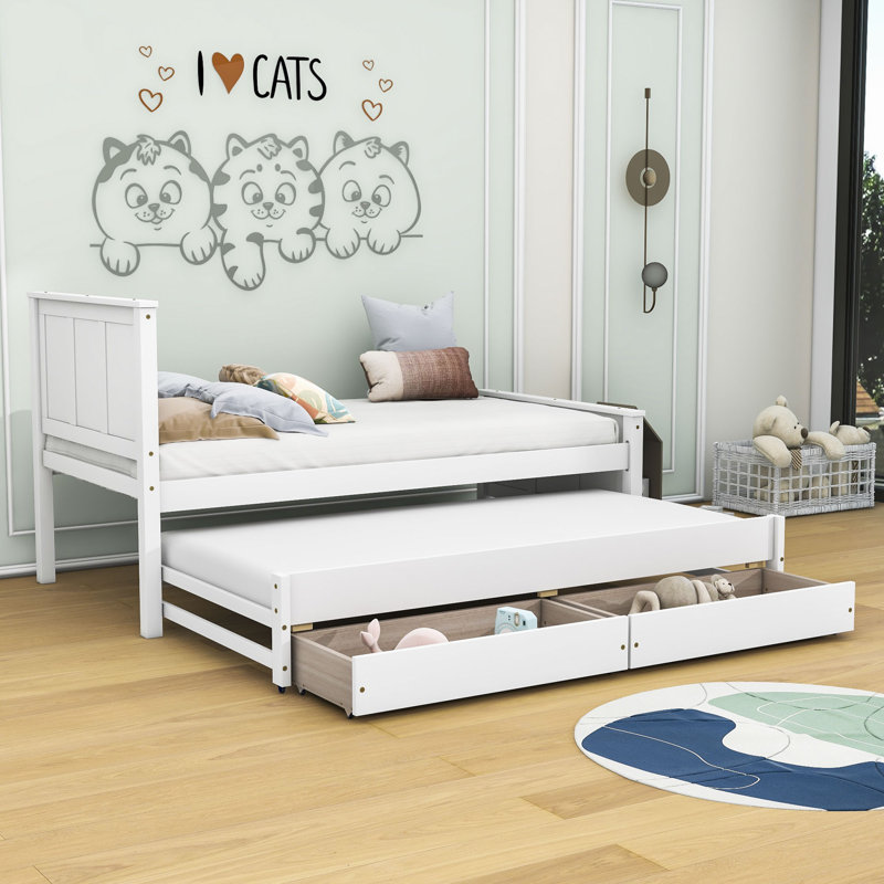 Lit plateforme simple en bois avec lit gigogne simple et tiroirs, Blanc