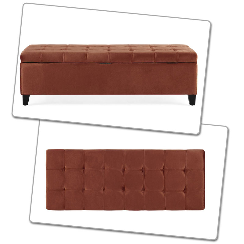 Banc de rangement rembourré en velours avec dessus capitonné et compartiment caché pour entrée moderne ou repose-pieds de chambre à coucher