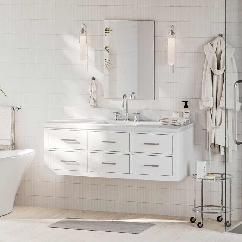 Ensemble de meuble-lavabo simple mural Macolm, Blanc, Nickel brossé, 54"