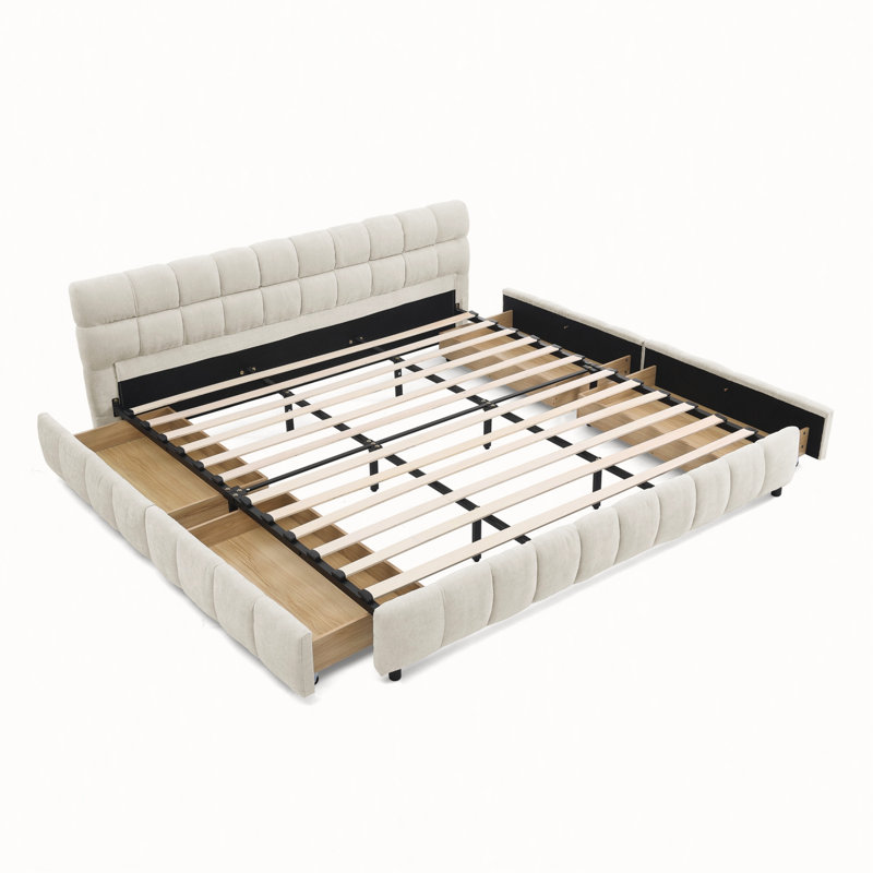 California King Size Upholstered Bed, Floor Platform Bed with 4 Drawers, Beige