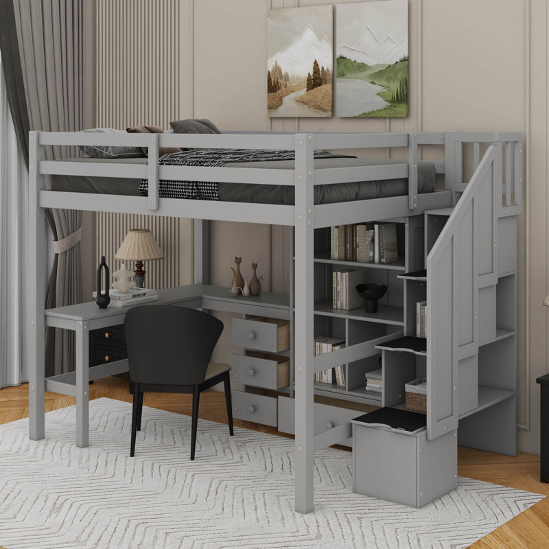 Lit mezzanine double avec bureau et tiroirs, Gris